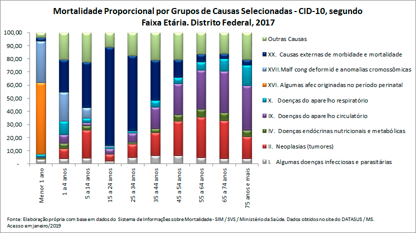 Mortalidade proporcional por grupos de causas, segundo faixa etária