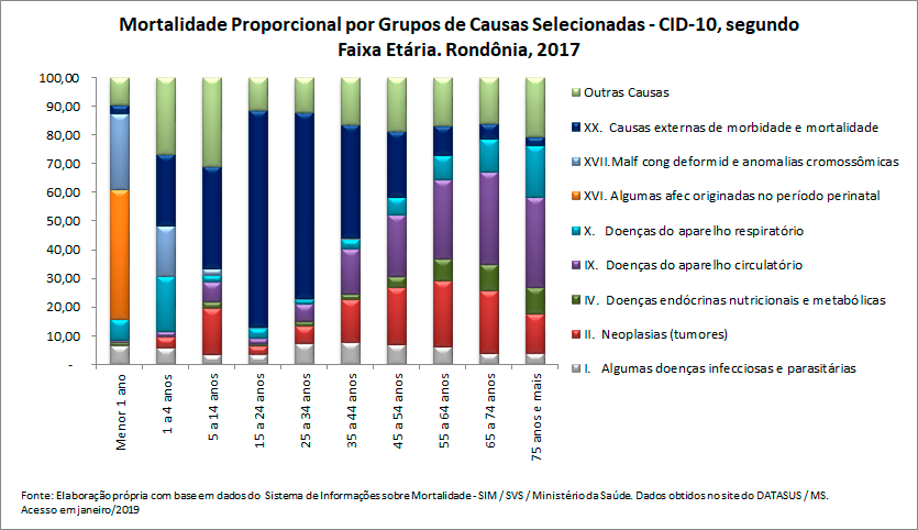 Mortalidade proporcional por grupos de causas, segundo faixa etária Mortalidade proporcional por grupos de causas, segundo faixa etária