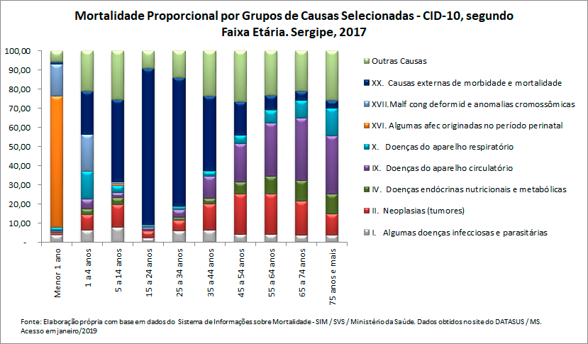 Mortalidade proporcional por grupos de causas, segundo faixa etária